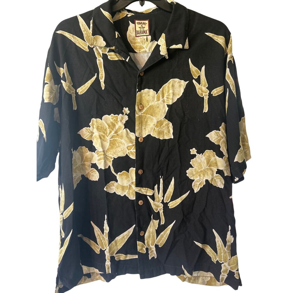 Tommy Bahama Men's Silk Camp Hawaiian Short Sleeve Shirt Black/Beige Floral XL